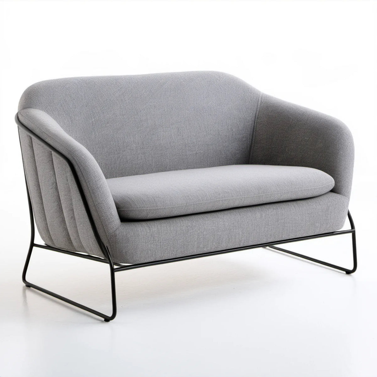 Szara sofa dwuosobowa z czarną stalową podstawą, 140 x 82 x 75 cm