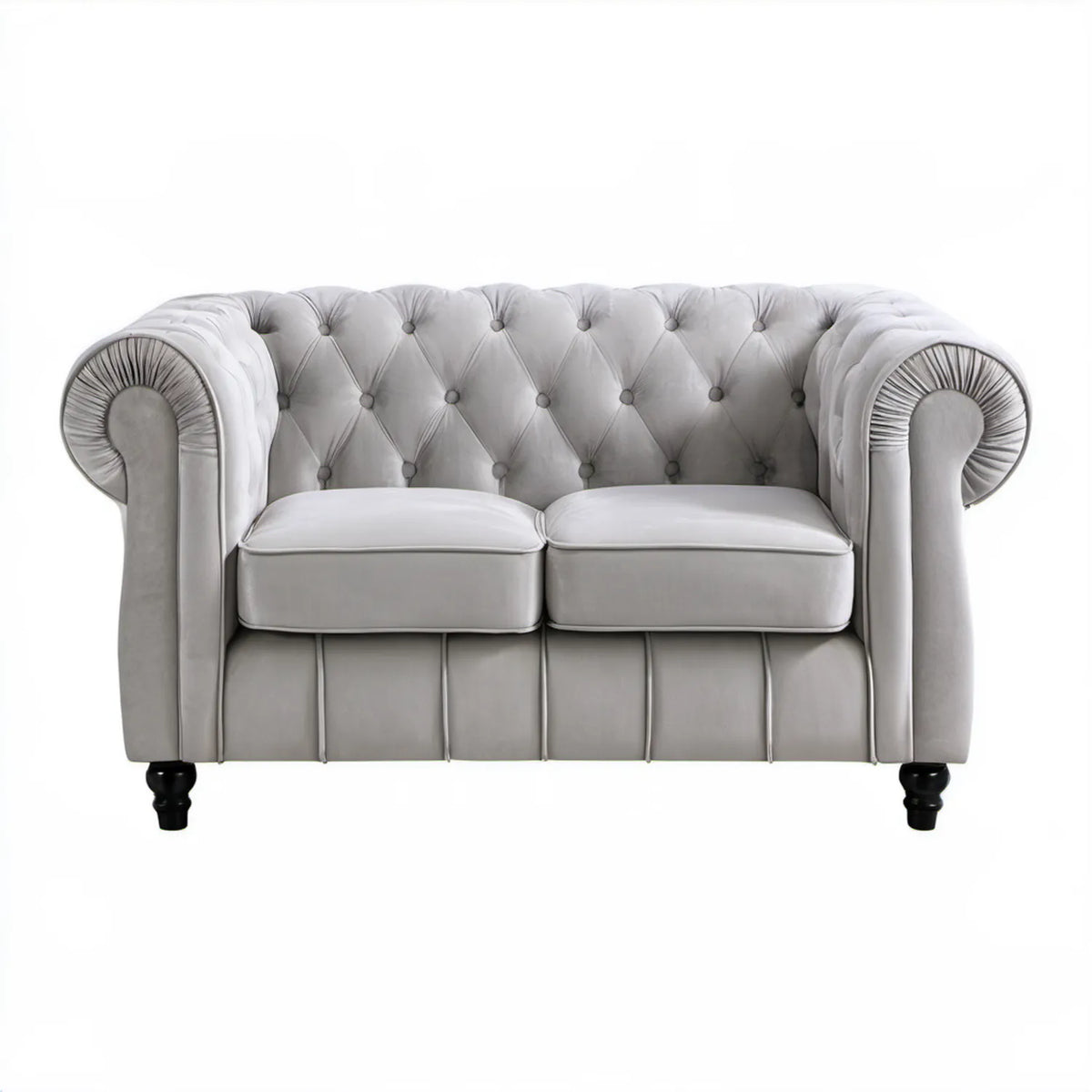 Dwuosobowa sofa Chesterfield z aksamitu poliestrowego, szara z czarnymi nóżkami, 170 x 90 x 80 cm