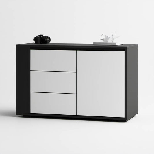 Czarno-biała szafka 120 x 40 x 80 cm z 3 szufladami i drzwiami
