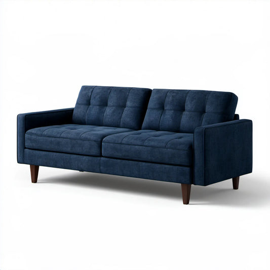 Dwuosobowa sofa welurowa granatowa z ciemnobrązowymi nogami, 160 x 90 x 88 cm