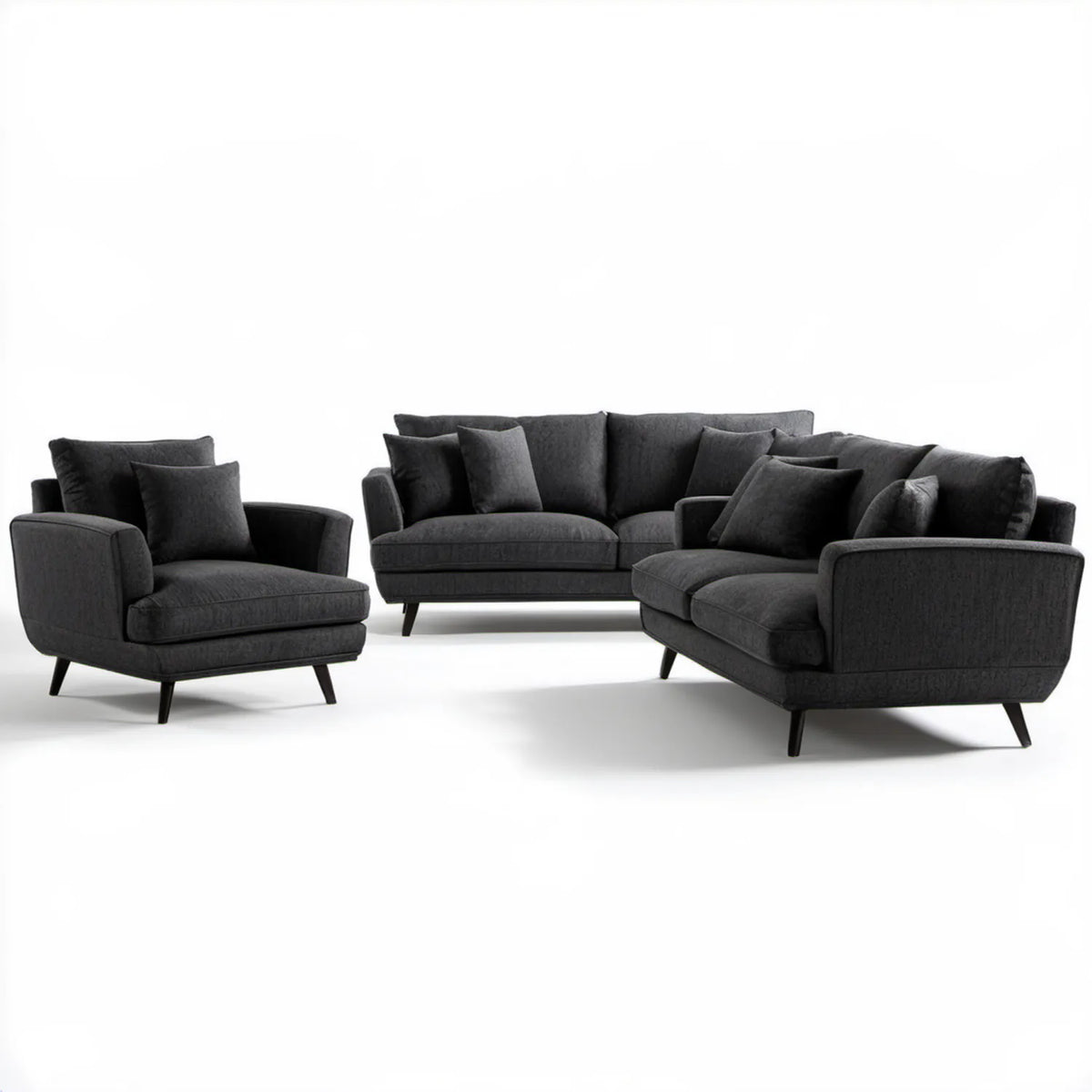 Zestaw wypoczynkowy 3+1+1 ciemnoszary z czarnymi nogami, sofa 220 x 92 x 85 cm