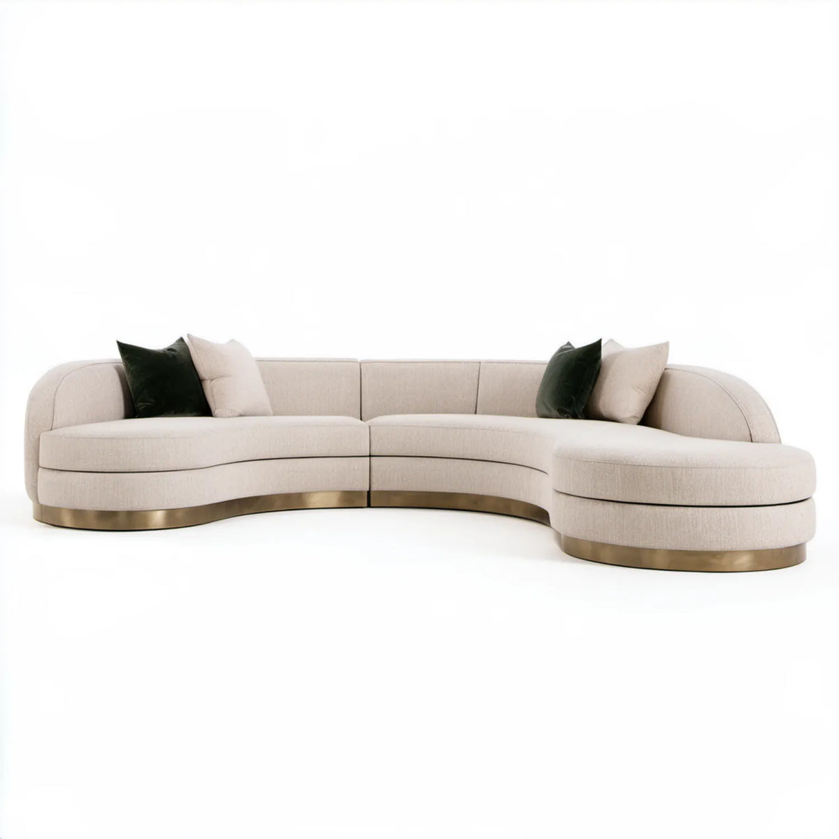 Półokrągła sofa modułowa beżowa ze złotymi detalami i ciemnozielonymi poduszkami 320 x 115 x 78 cm