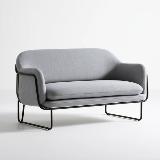 Szara dwuosobowa sofa z czarnymi płozami, 150 x 78 x 75 cm