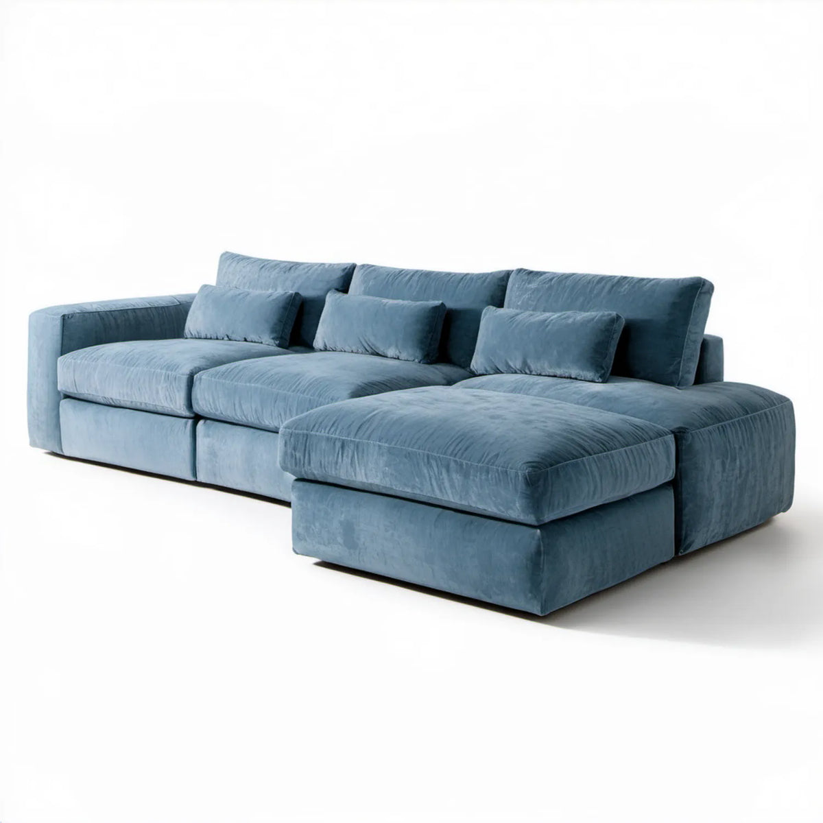 Niebieska sofa narożna w kształcie litery L z prawostronnym szezlongiem, aksamit poliestrowy, 300 × 170 × 85 cm