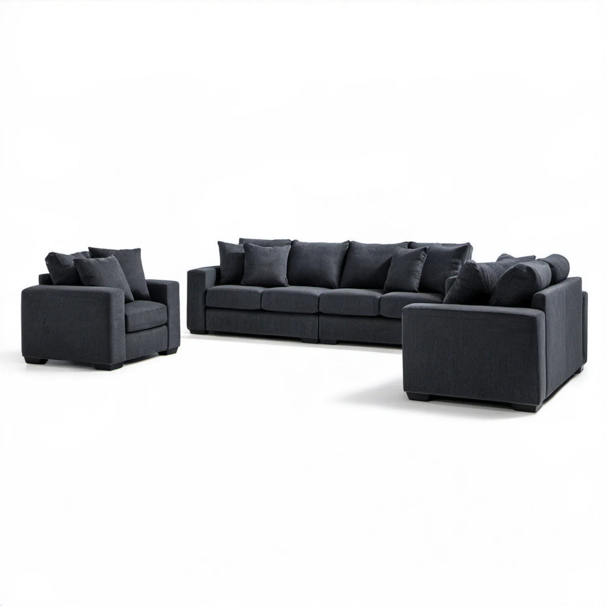 Grafitowy zestaw wypoczynkowy 3+1+1 z tkaniny poliestrowej – sofa 250 × 95 × 85 cm i 2 fotele 105 × 95 × 85 cm