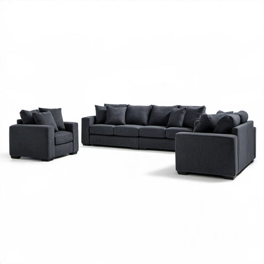 Grafitowy zestaw wypoczynkowy 3+1+1 z tkaniny poliestrowej – sofa 250 × 95 × 85 cm i 2 fotele 105 × 95 × 85 cm